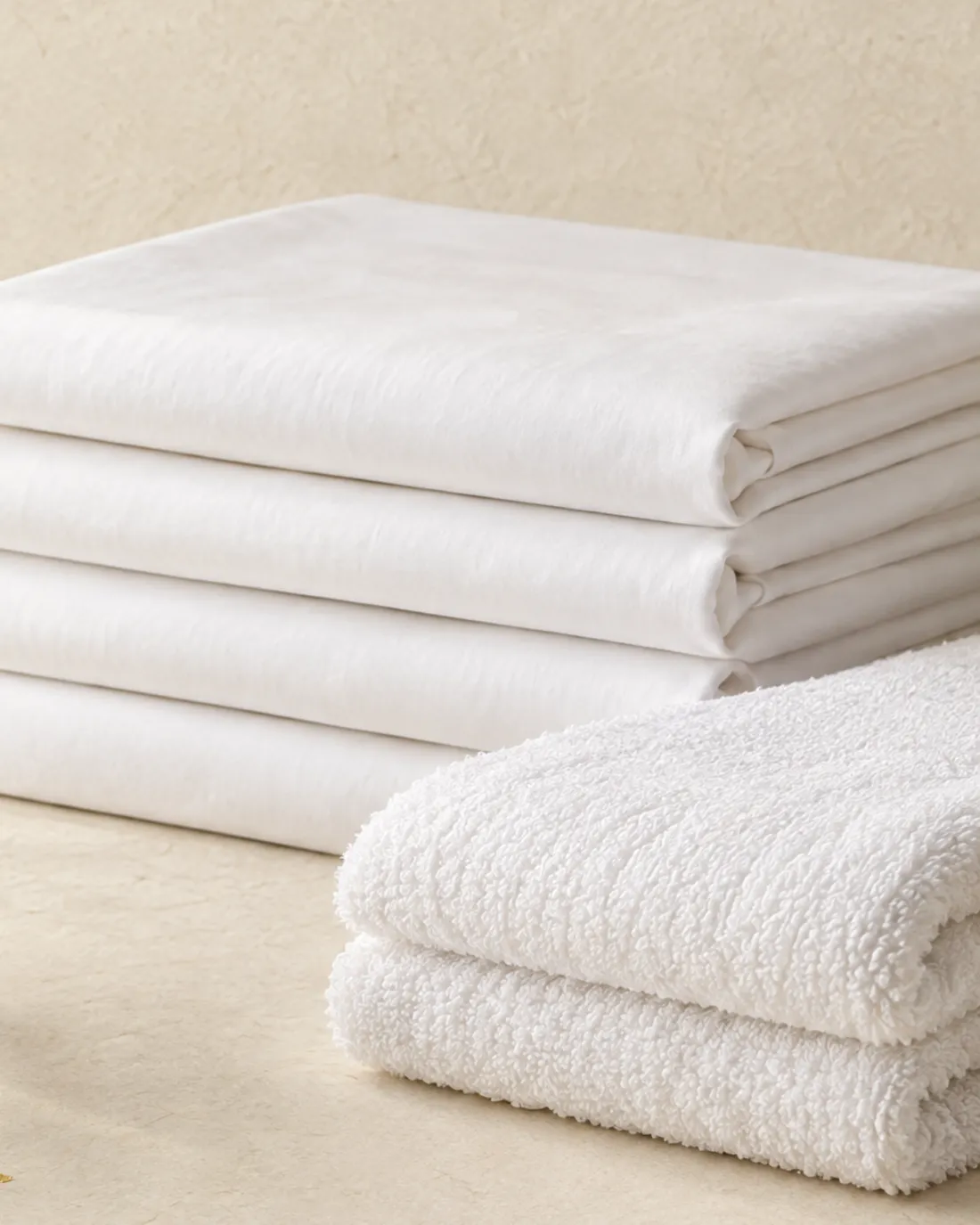 A stack of folded white sheets and towels beside a glass bowl of clear water