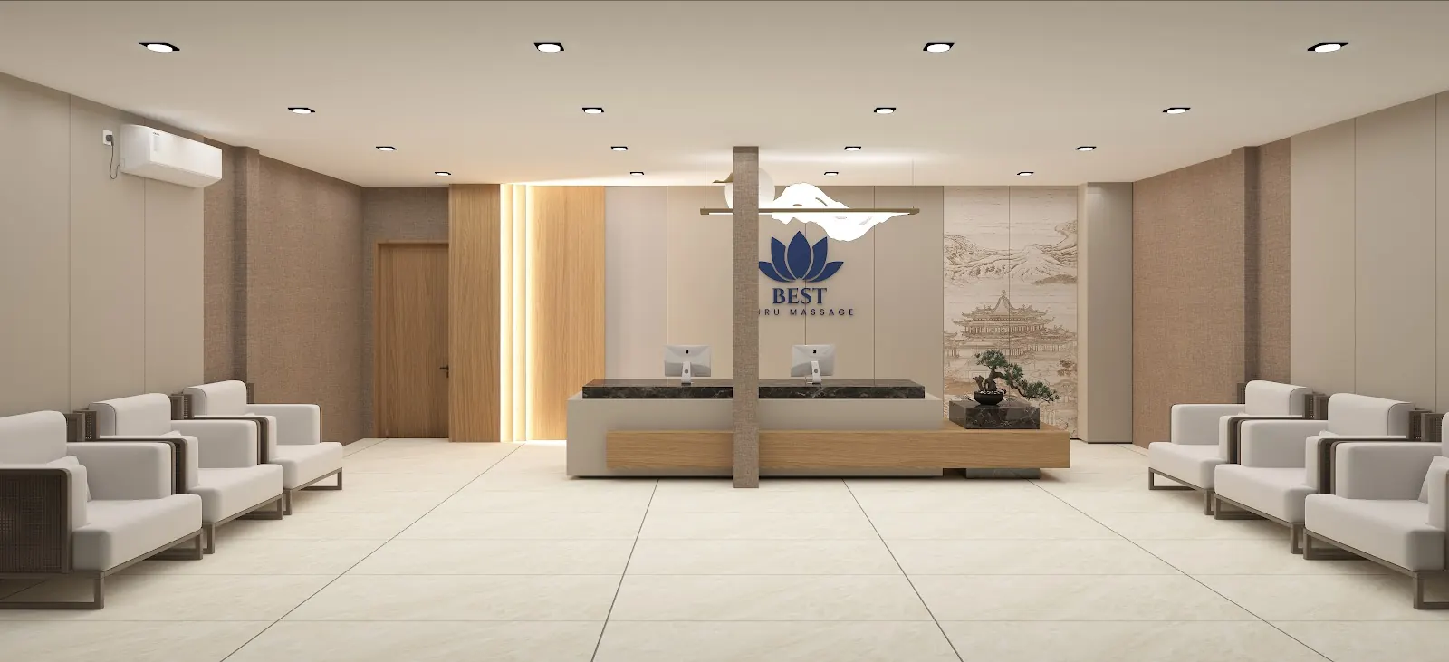 The reception of BEST Nuru Massage Bangkok, with the lotus sign behind the desk