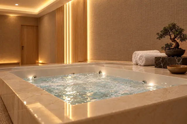 VIP room with a built-in jacuzzi bath, glass shower and bed