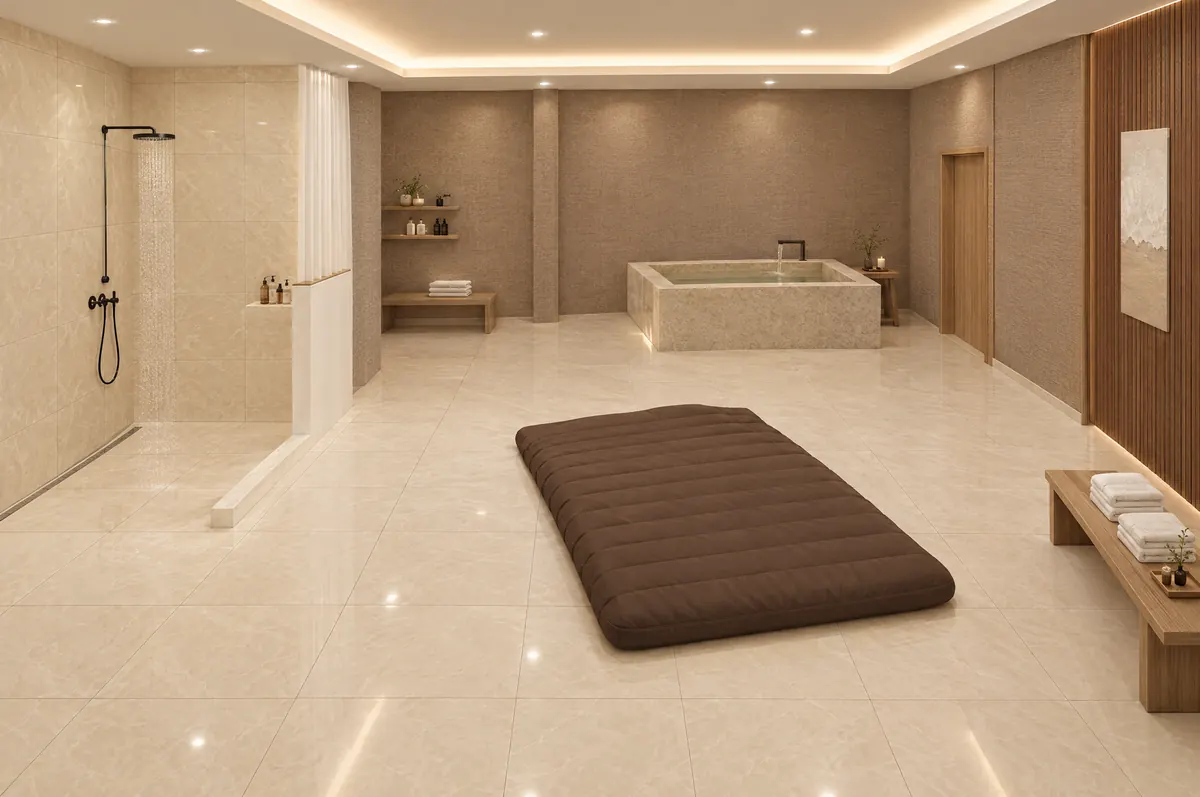 Spacious VIP room with a wide mattress area, shower and bed