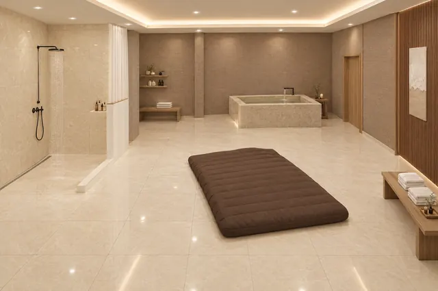Spacious VIP room with a wide mattress area, shower and bed