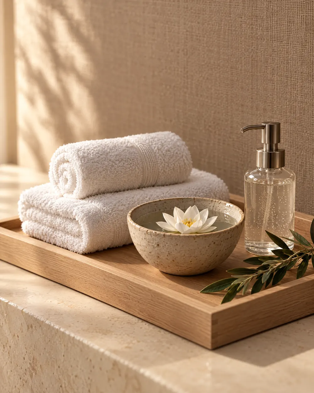 Rolled white towels and a lotus flower in a ceramic bowl on an oak tray
